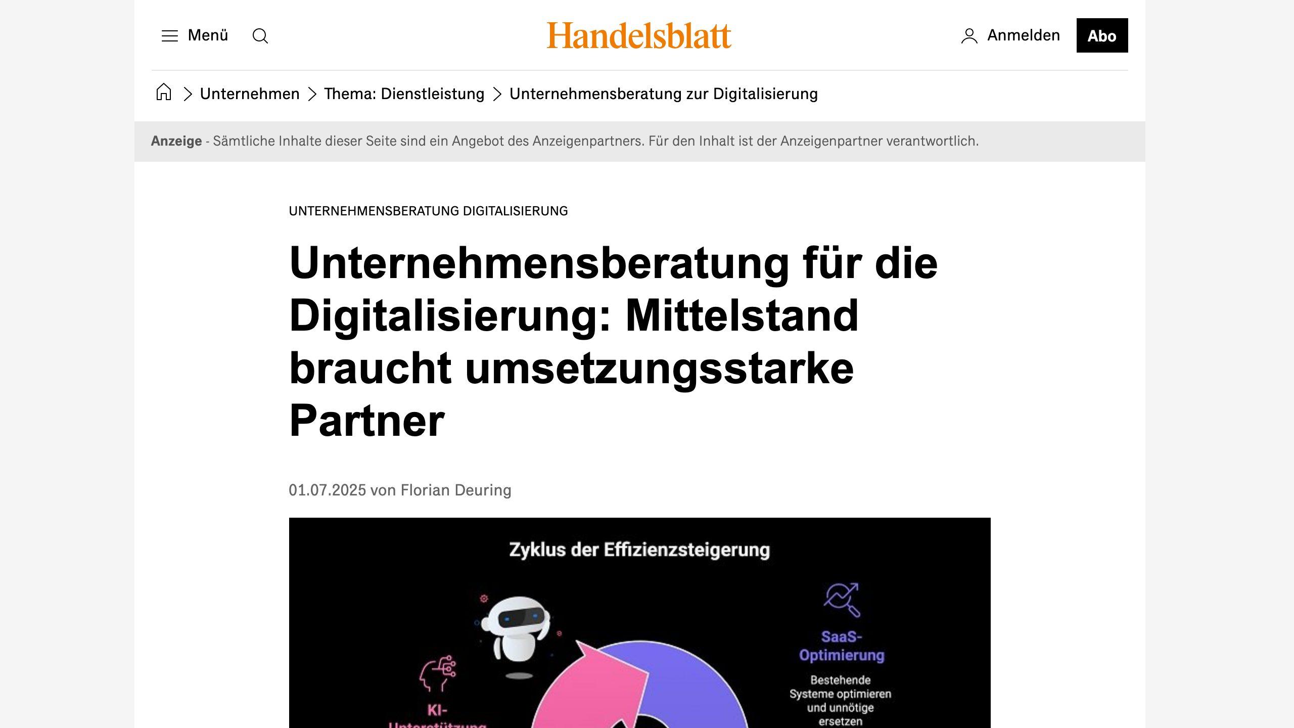 Handelsblatt-Beitrag: Unternehmensberatung für die Digitalisierung: Mittelstand braucht umsetzungsstarke Partner