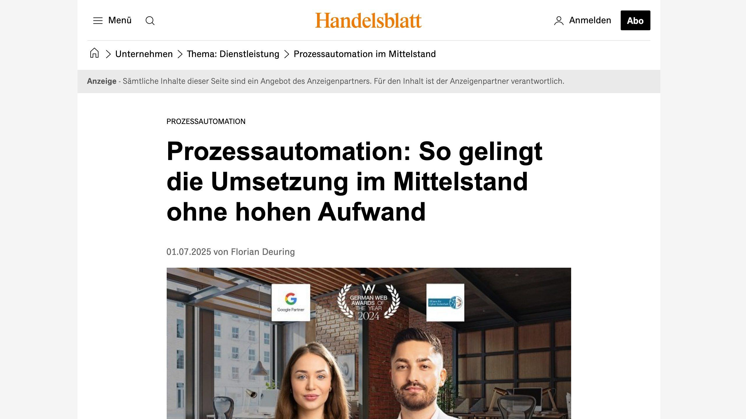 Handelsblatt-Beitrag: Prozessautomation: So gelingt die Umsetzung im Mittelstand ohne hohen Aufwand