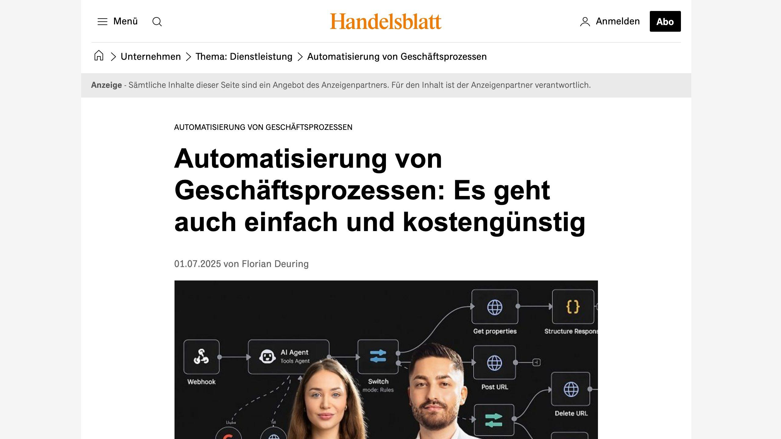 Handelsblatt-Beitrag: Automatisierung von Geschäftsprozessen: Es geht auch einfach und kostengünstig